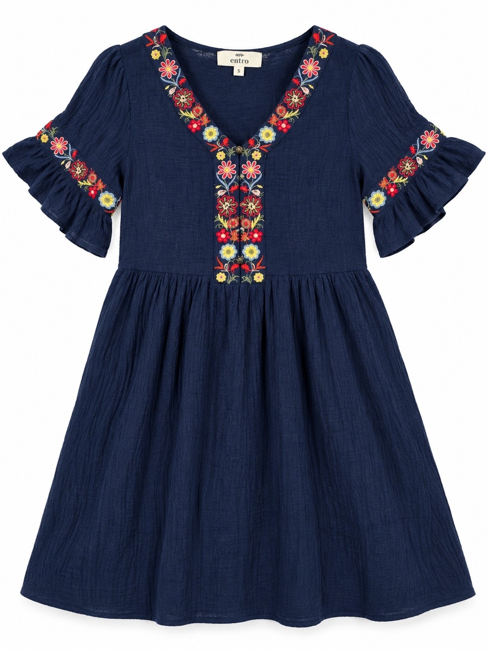 Entro Navy Floral Embroidered Babydoll Mini Dress Boho 100% Cotton Small